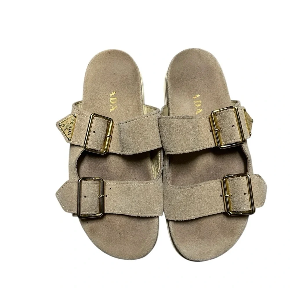 Prada Beige Suede Sandals with Gold Buckles, sz 37 pre-owned